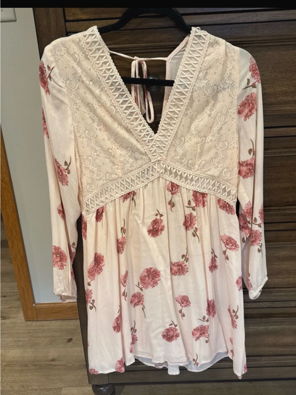 Altar'd State Cream Dress with Rose Floral Print & Lace V-Neck